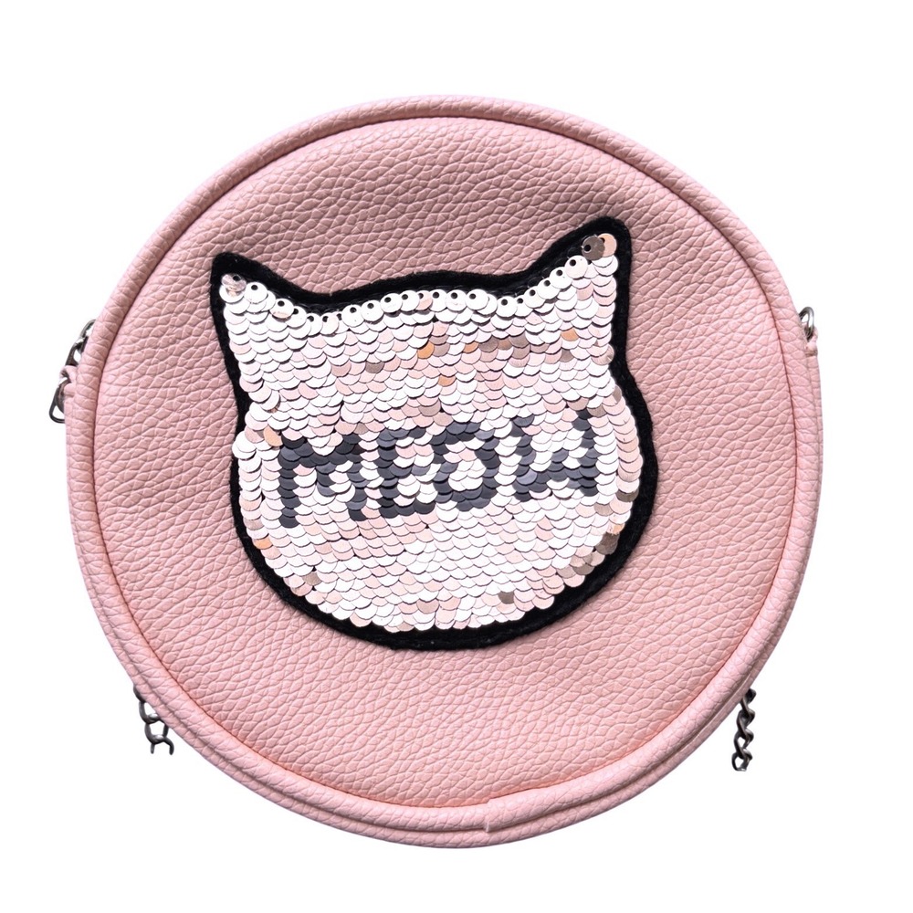 Capelli New York Crossbody Bag Sequin Cat Meow Pink Small Round Purse Cat Lover